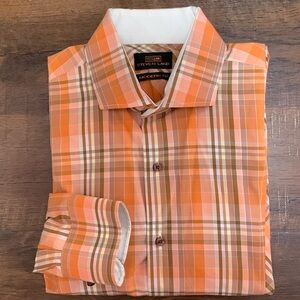 Steven Land Black Label Orange and Brown Plaid Modern Fit Button Down